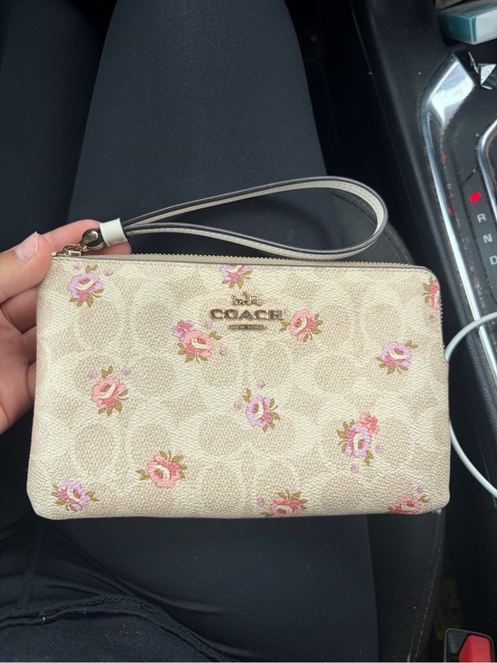 Coach Handbags - COACH Cream Floral Signature Wristlet with Gold Logo